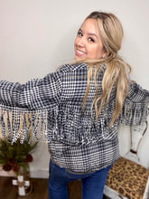 Load image into Gallery viewer, Back in black plaid fringe flannel
