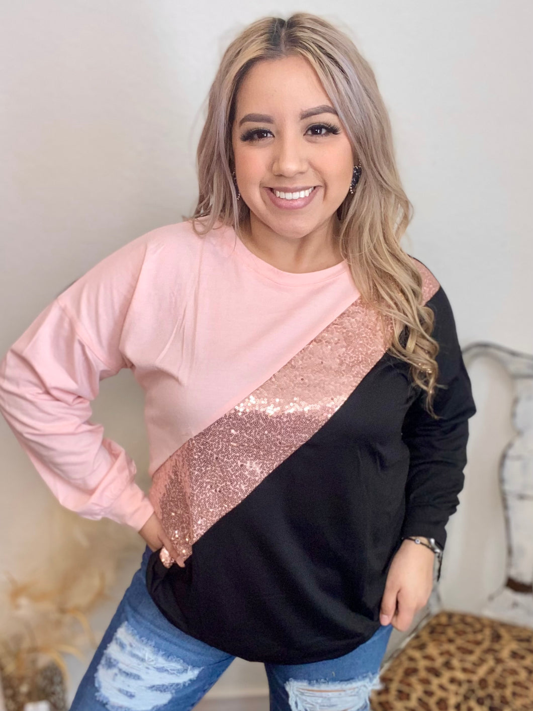 Pink and black sequins long sleeve top
