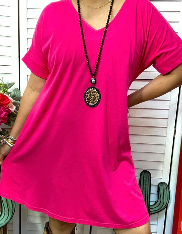 Hot pink v-neck pocket dress