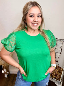 Green ribbed top with lace puff sleeves